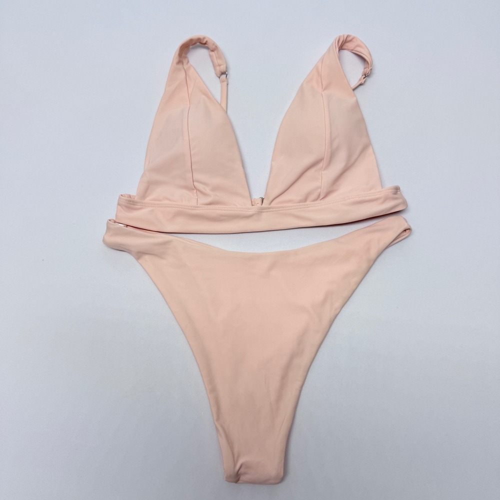 Peach Triangle Bikini Women Set High Cut Bottoms Adjustable Straps  SizeL